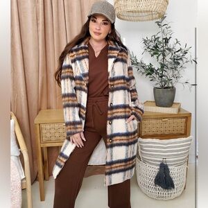 Tailored Cream Plaid Long Coat with Blue & Orange Check